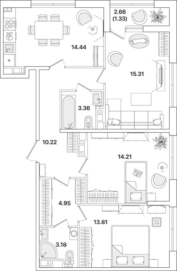 План этажа — 3к. квартира, 80.9 м²