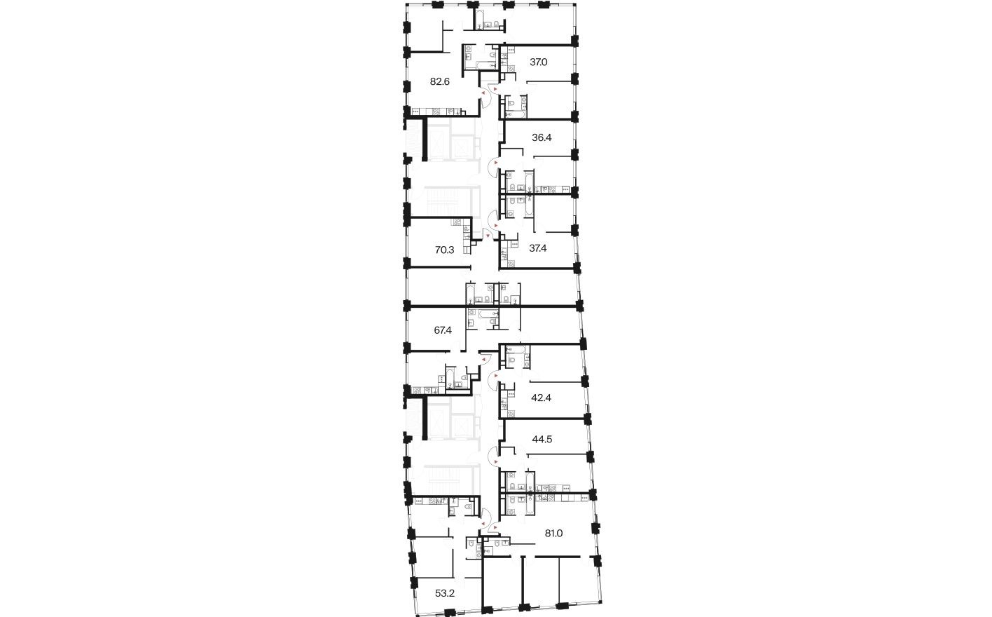План этажа — 1к. квартира, 36.4 м²