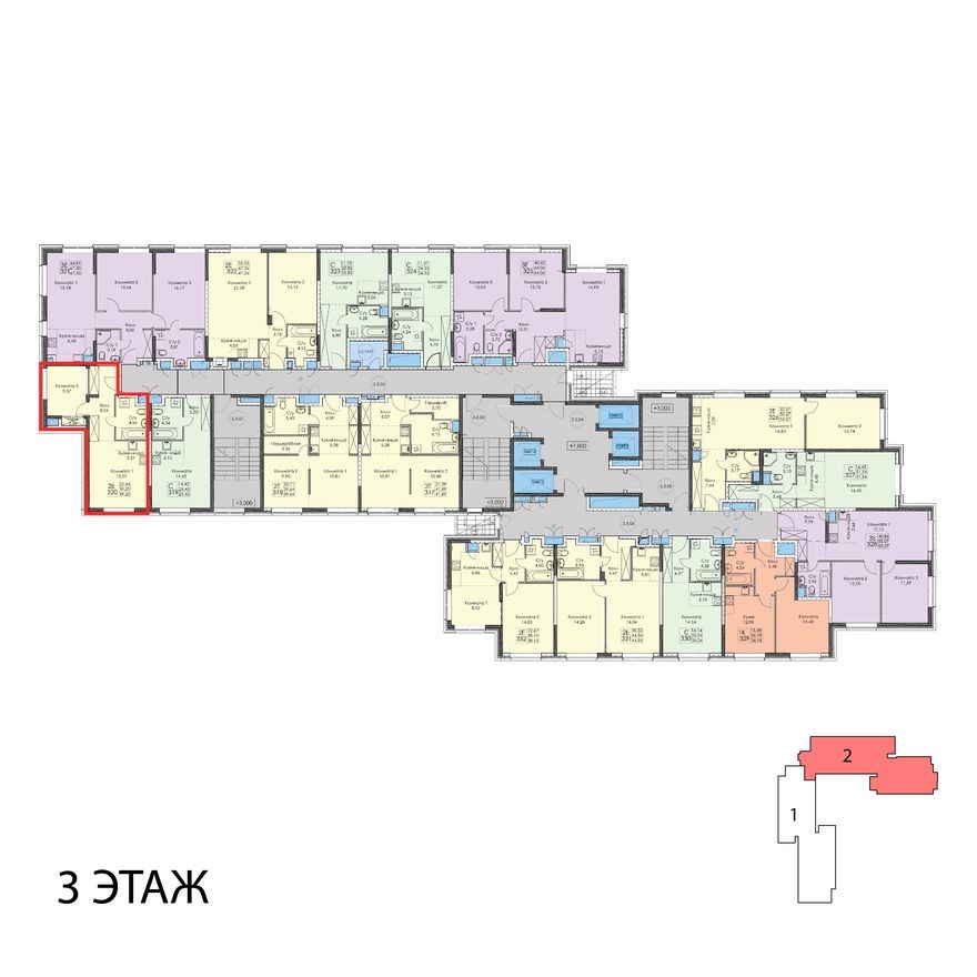 План этажа — 2к. апартаменты, 39.2 м²