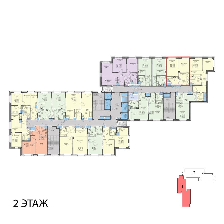 План этажа — 2к. апартаменты, 40.2 м²