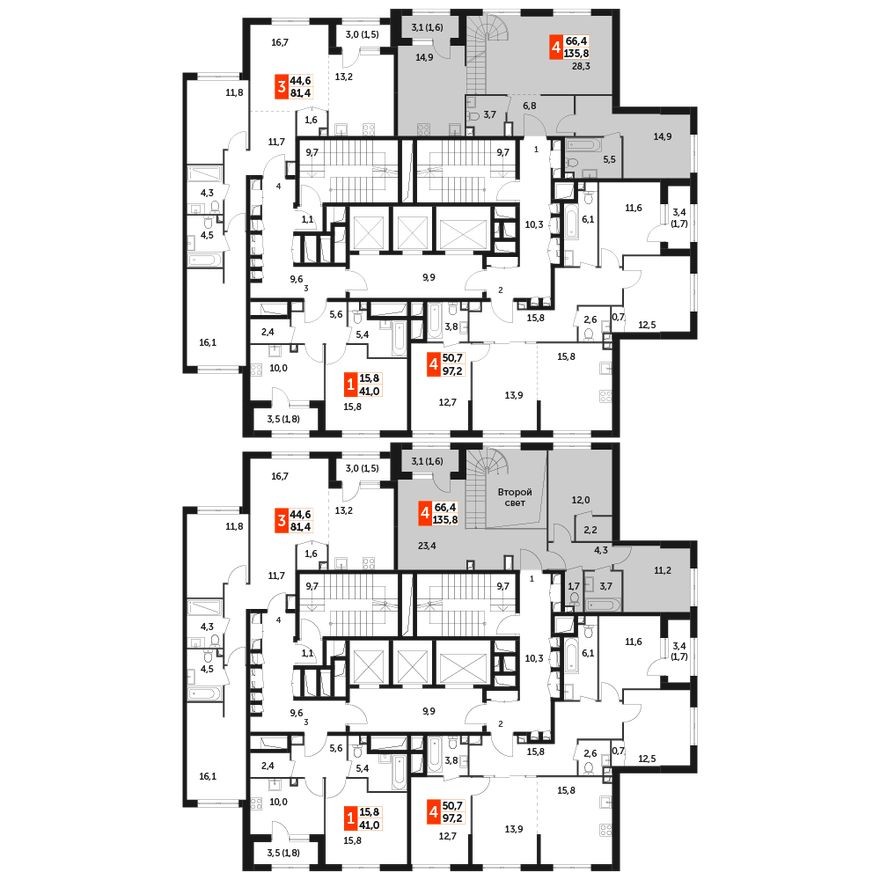 План этажа — 4е квартира, 135.8 м²