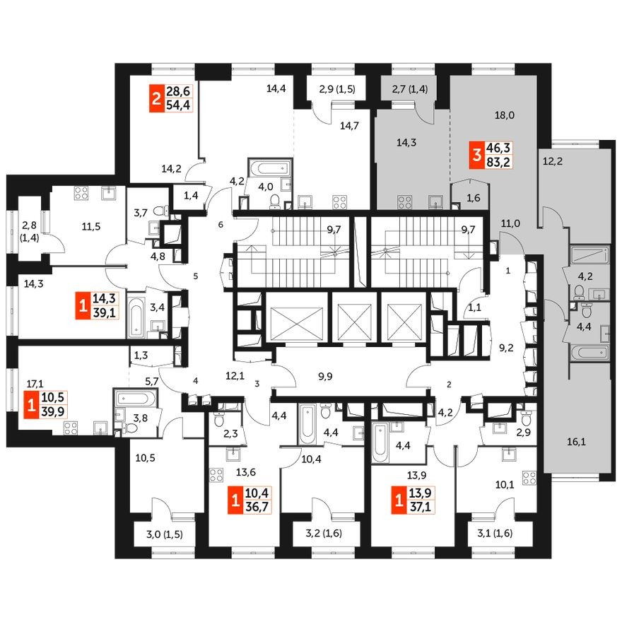 План этажа — 3е квартира, 83.2 м²
