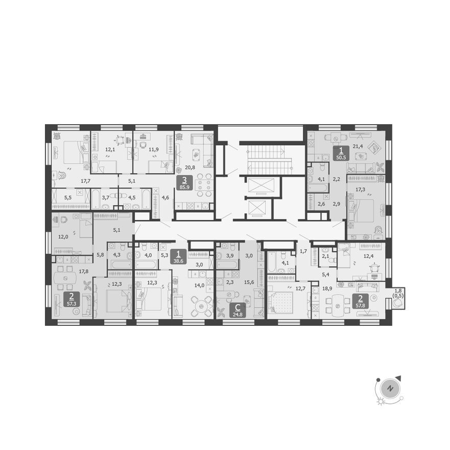 План этажа — 9к. квартира, 24.8 м²