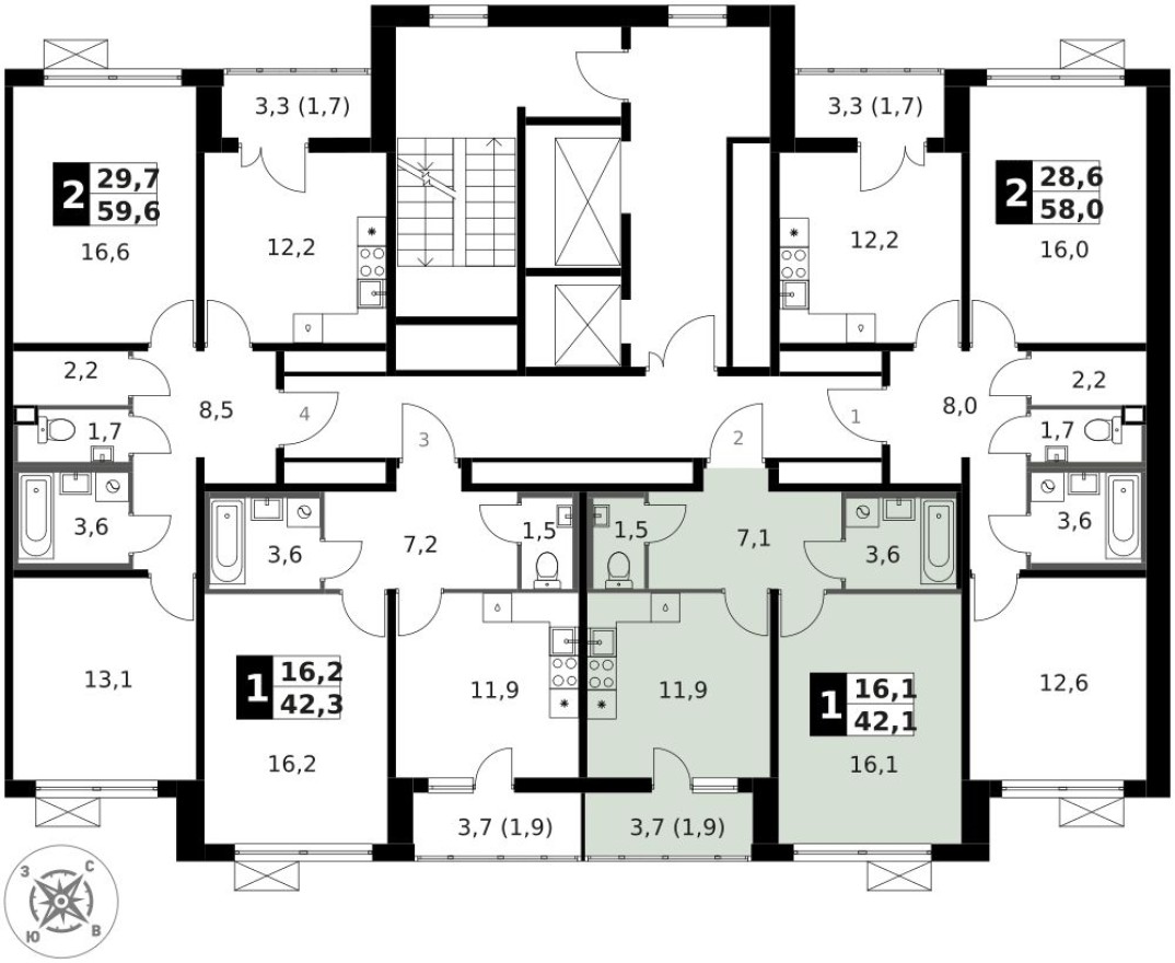 План этажа — 1к. квартира, 42.2 м²
