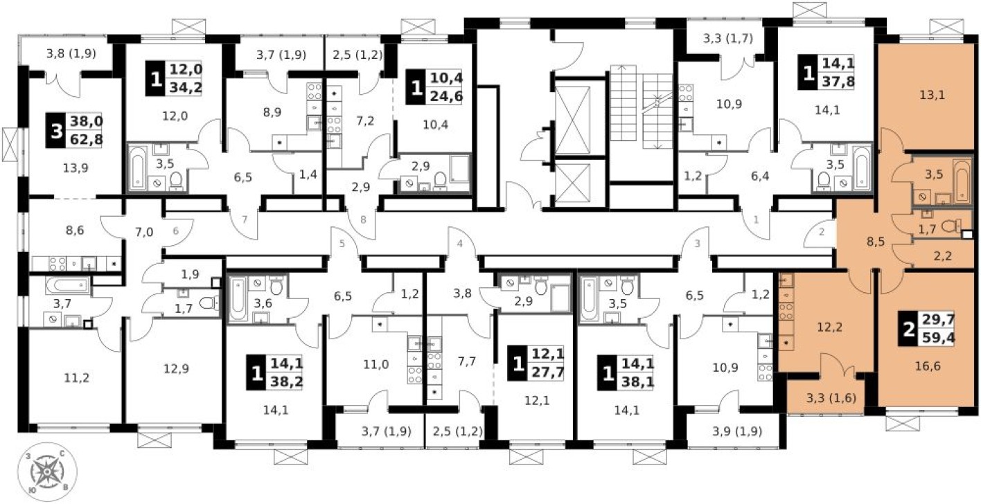 План этажа — 2к. квартира, 59.4 м²