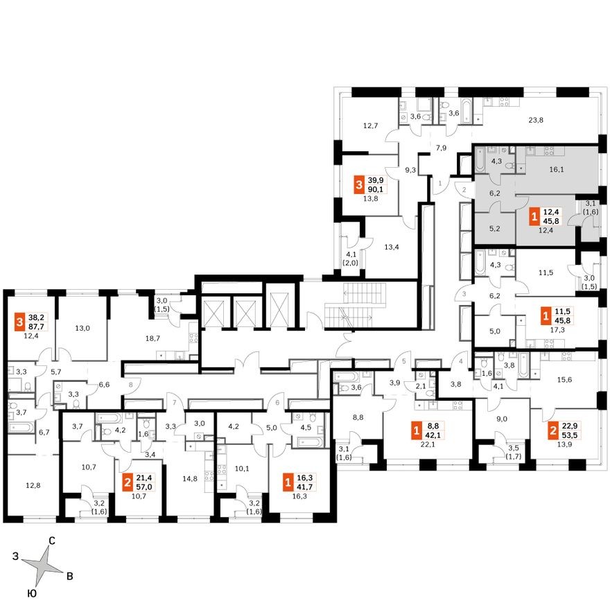 План этажа — 1к. квартира, 45.8 м²