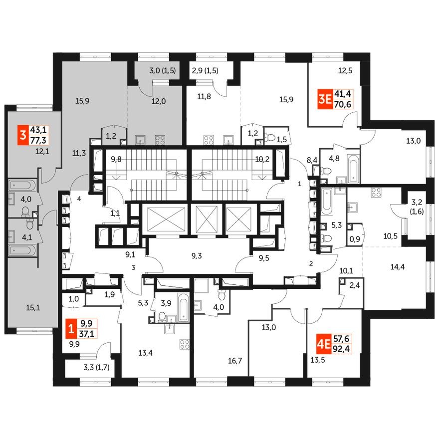 План этажа — 3е квартира, 77.3 м²
