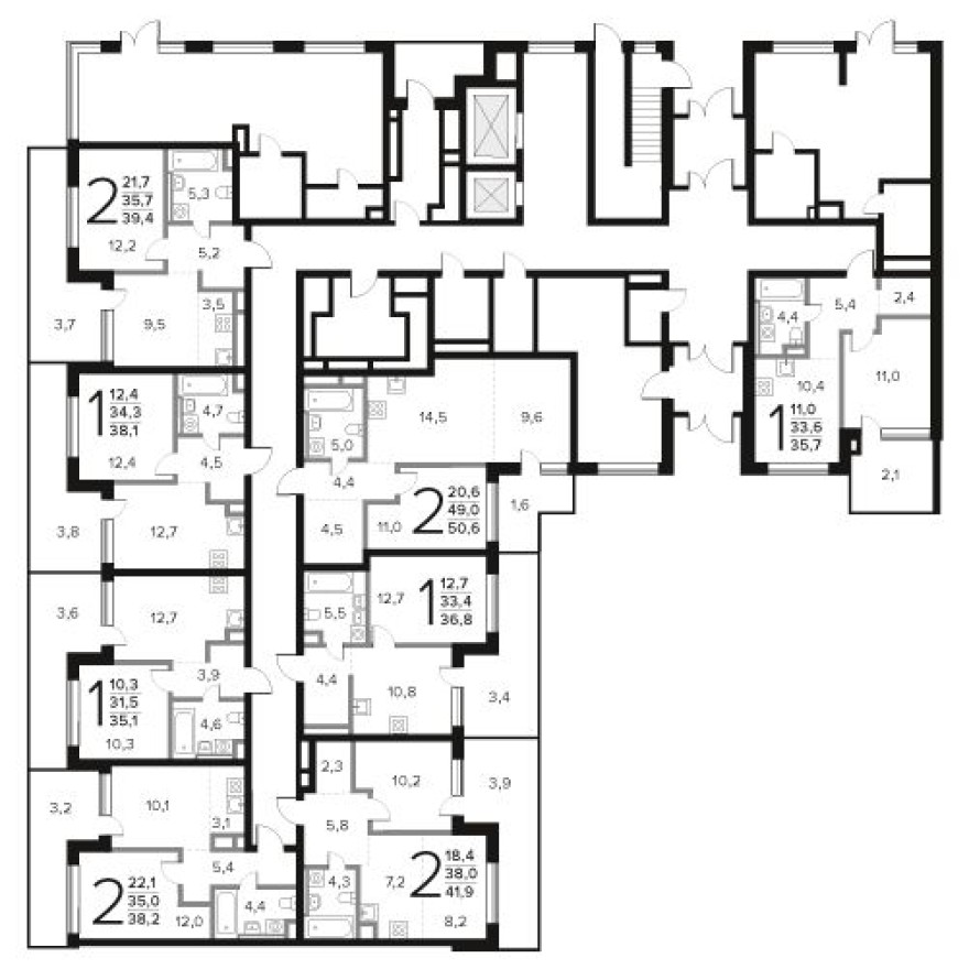 План этажа — 1к. квартира, 35.7 м²