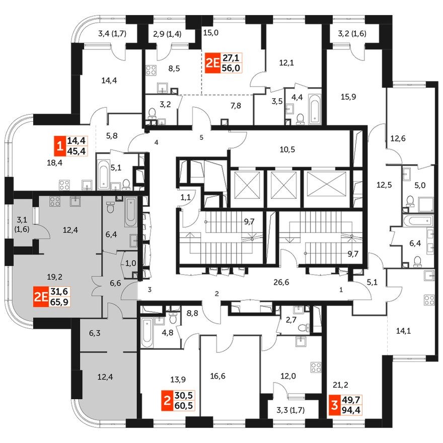 План этажа — 2е квартира, 65.9 м²