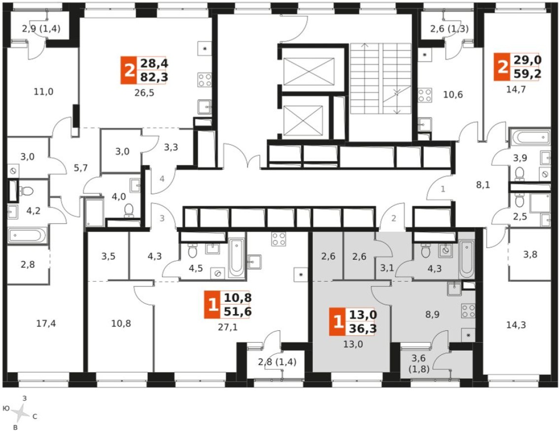 План этажа — 1к. квартира, 36.3 м²