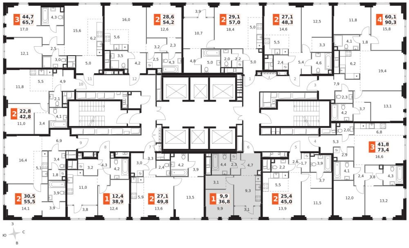 План этажа — 1к. квартира, 36.8 м²