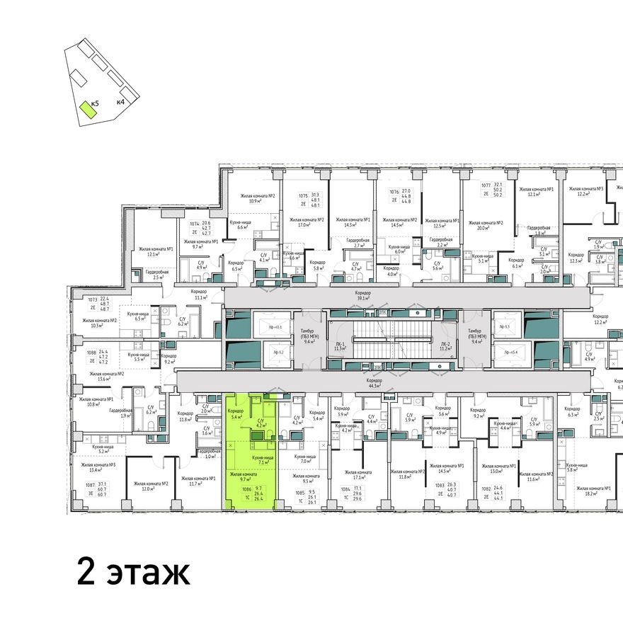 План этажа — 1к. квартира, 26.4 м²