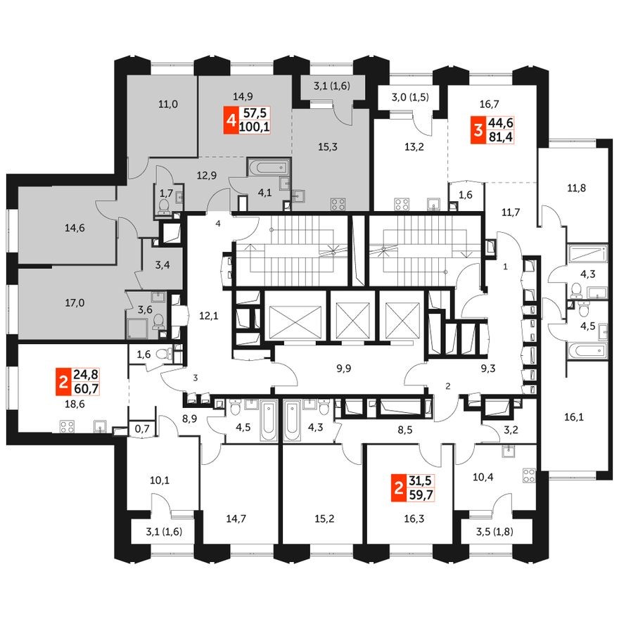 План этажа — 4е квартира, 100.1 м²