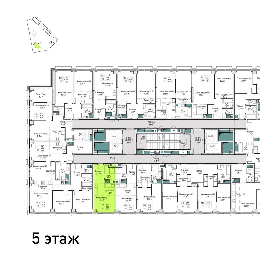 План этажа — 1к. квартира, 26.6 м²
