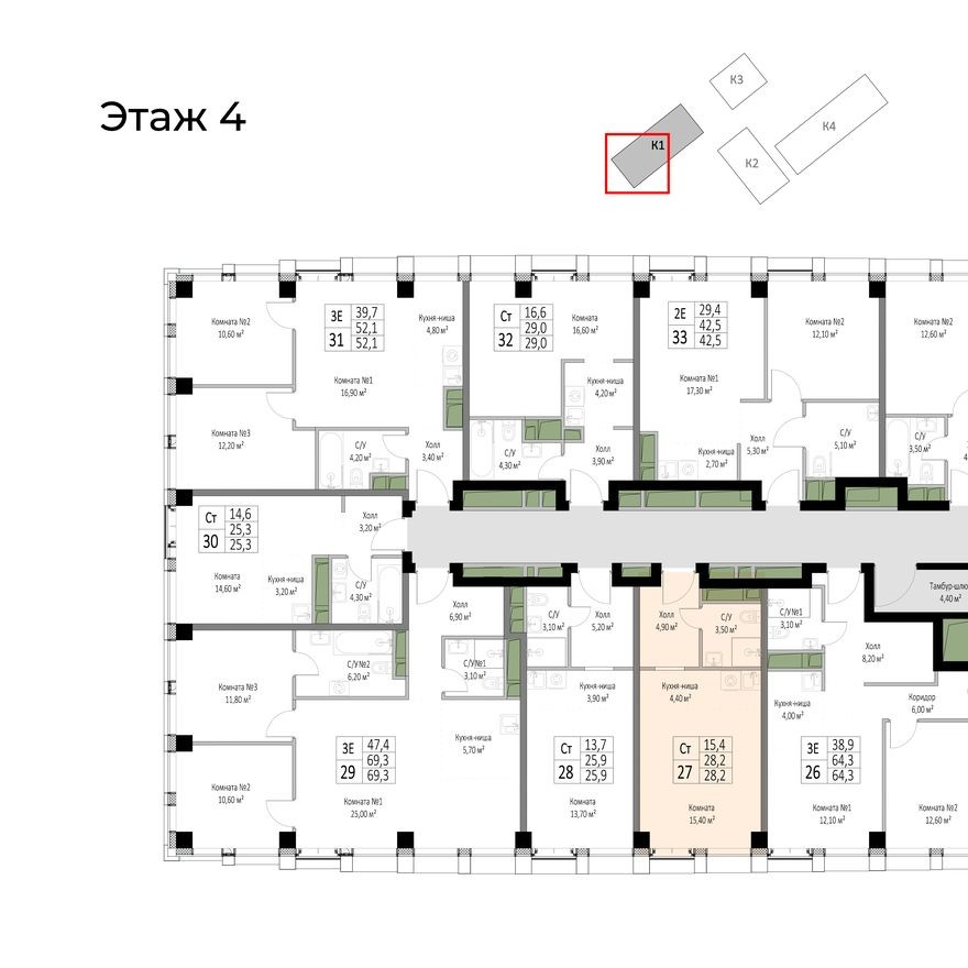 План этажа — 1к. апартаменты, 28.2 м²