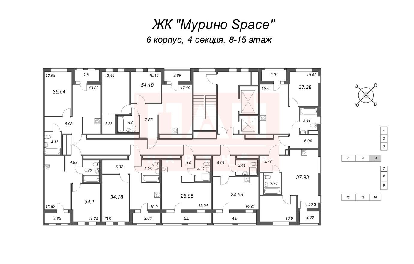 План этажа — 2е квартира, 40.6 м²