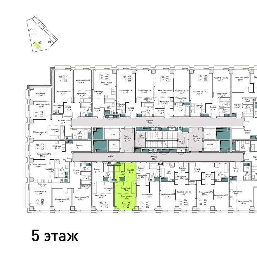 План этажа — 1к. квартира, 26.4 м²