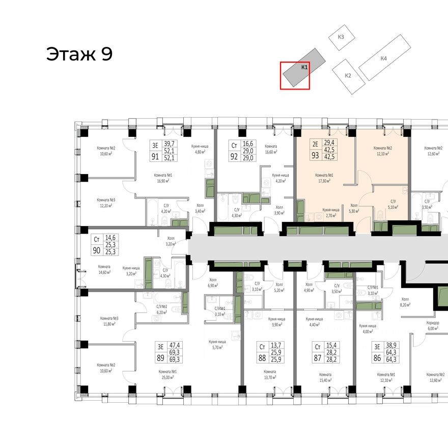 План этажа — 2к. апартаменты, 42.5 м²