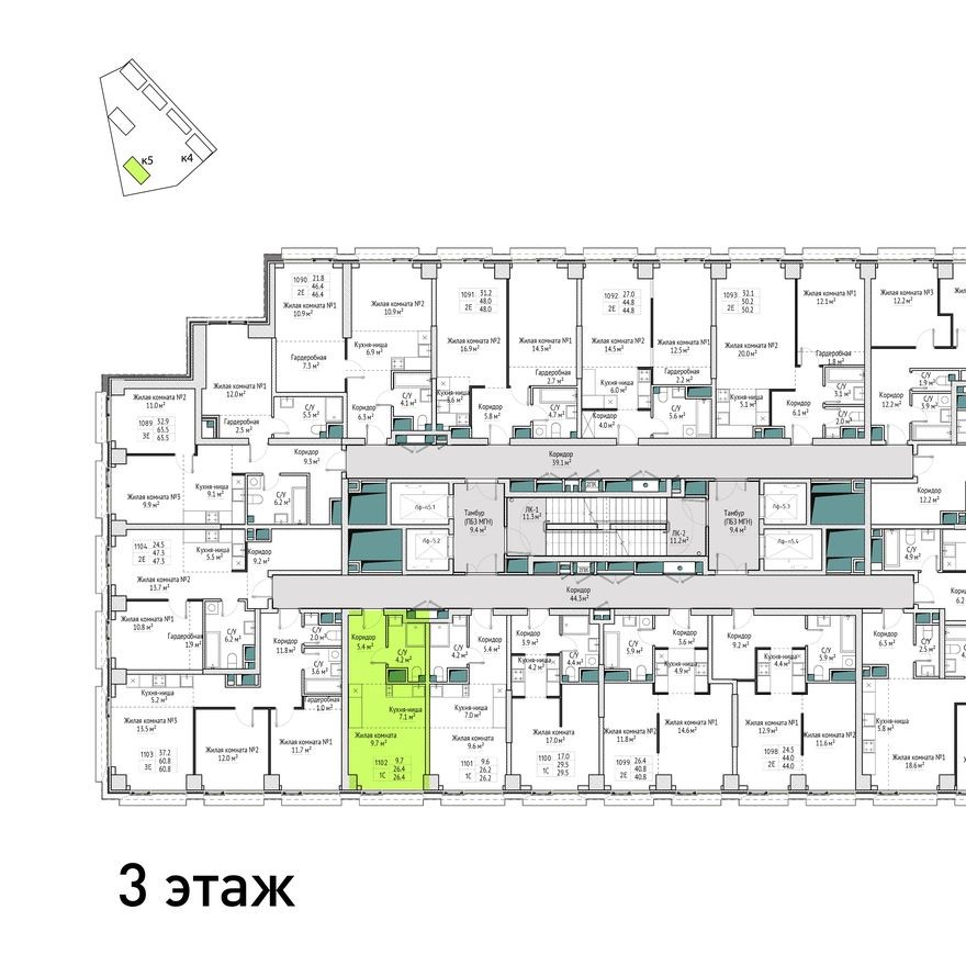План этажа — 1к. квартира, 26.4 м²