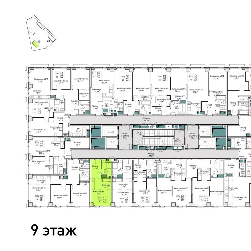 План этажа — 1к. квартира, 26.6 м²