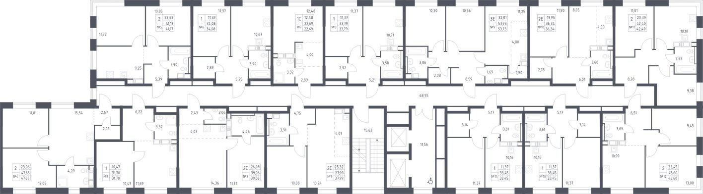 План этажа — 1к. квартира, 33.8 м²