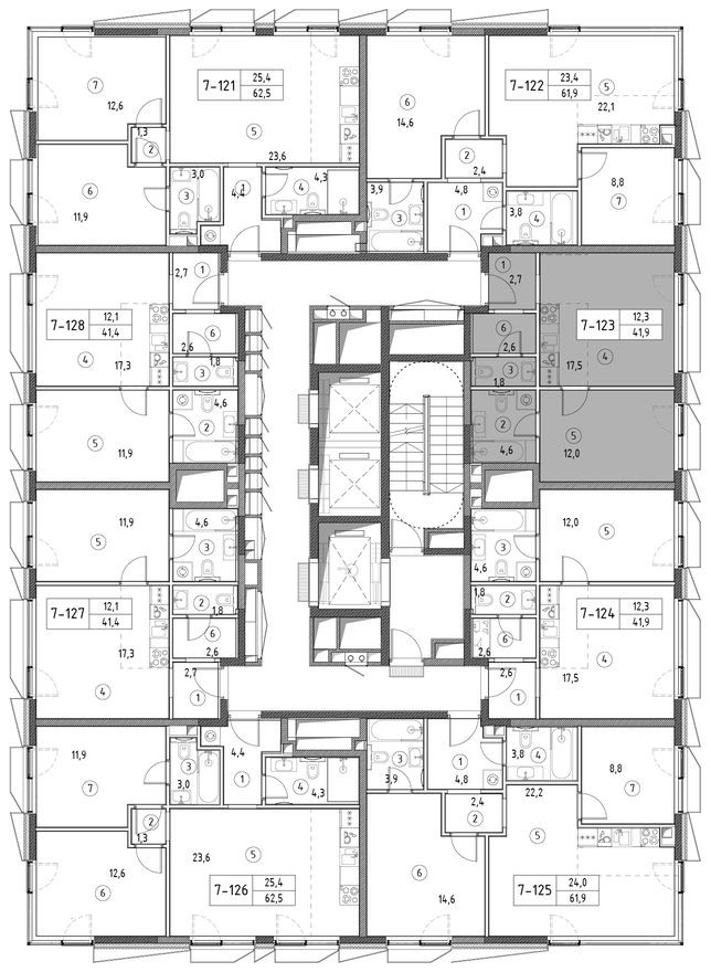 План этажа — 1к. квартира, 41.5 м²