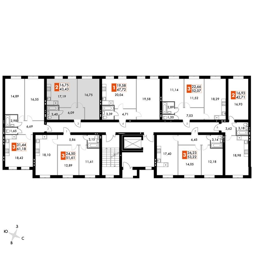 План этажа — 1к. квартира, 43.4 м²