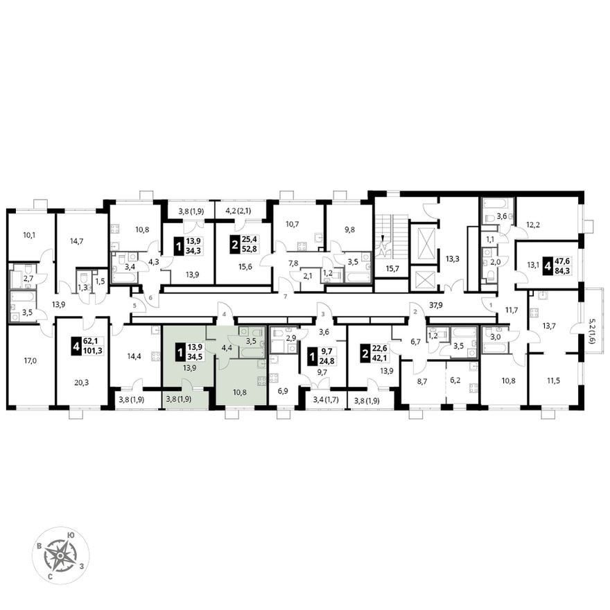 План этажа — 1к. квартира, 34.3 м²