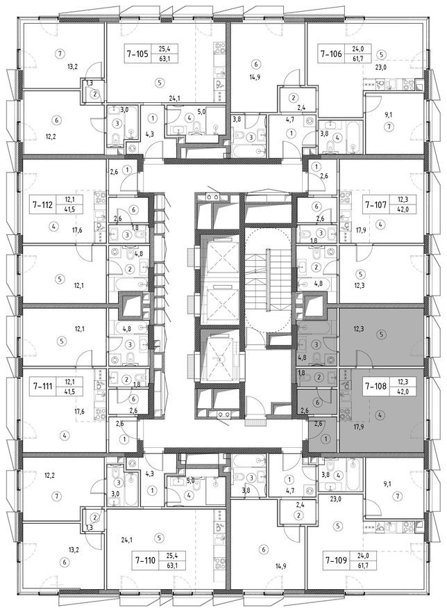 План этажа — 1к. квартира, 41.6 м²