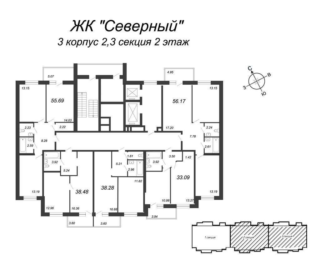 План этажа — 2к. квартира, 61.1 м²
