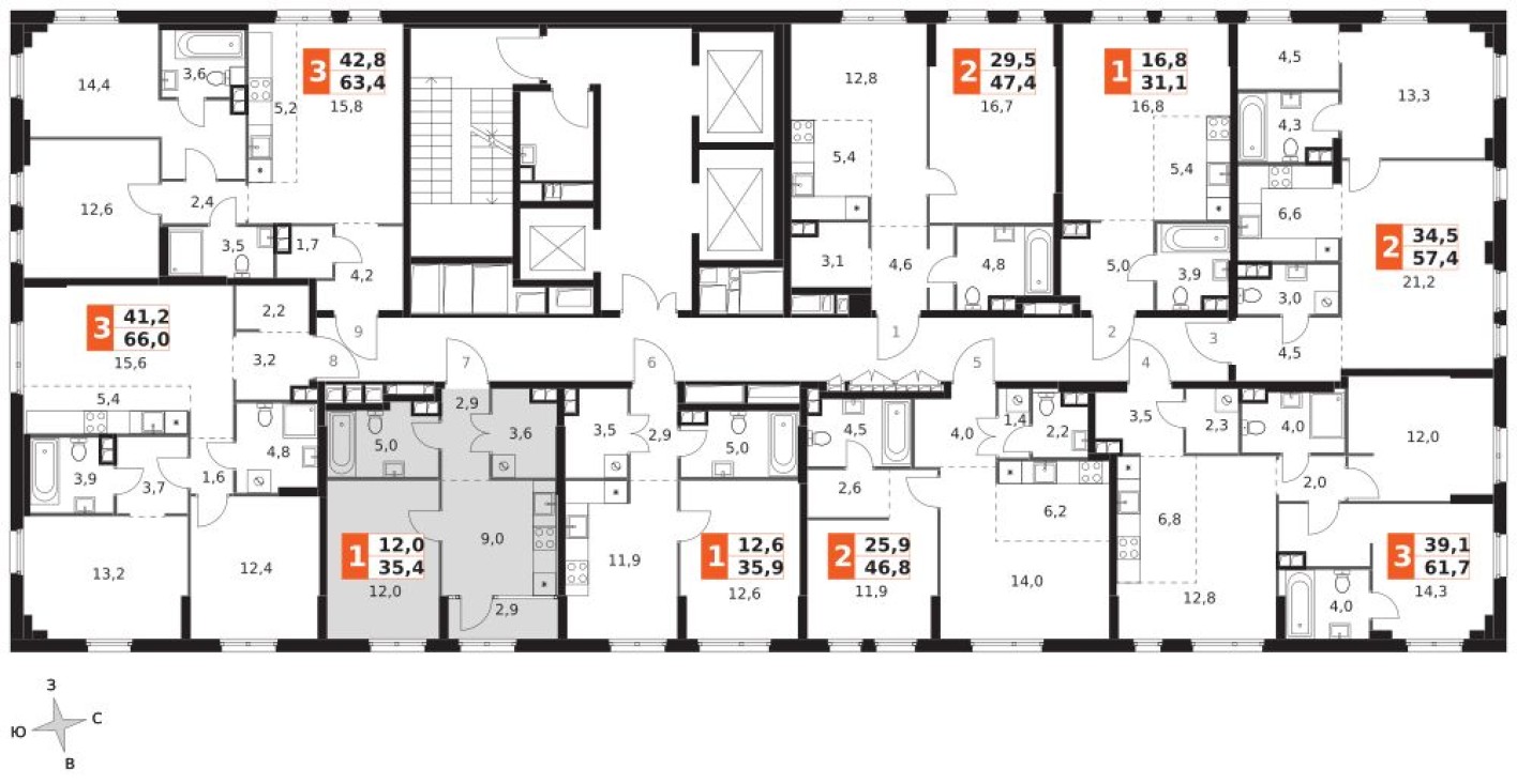 План этажа — 1к. квартира, 35.4 м²