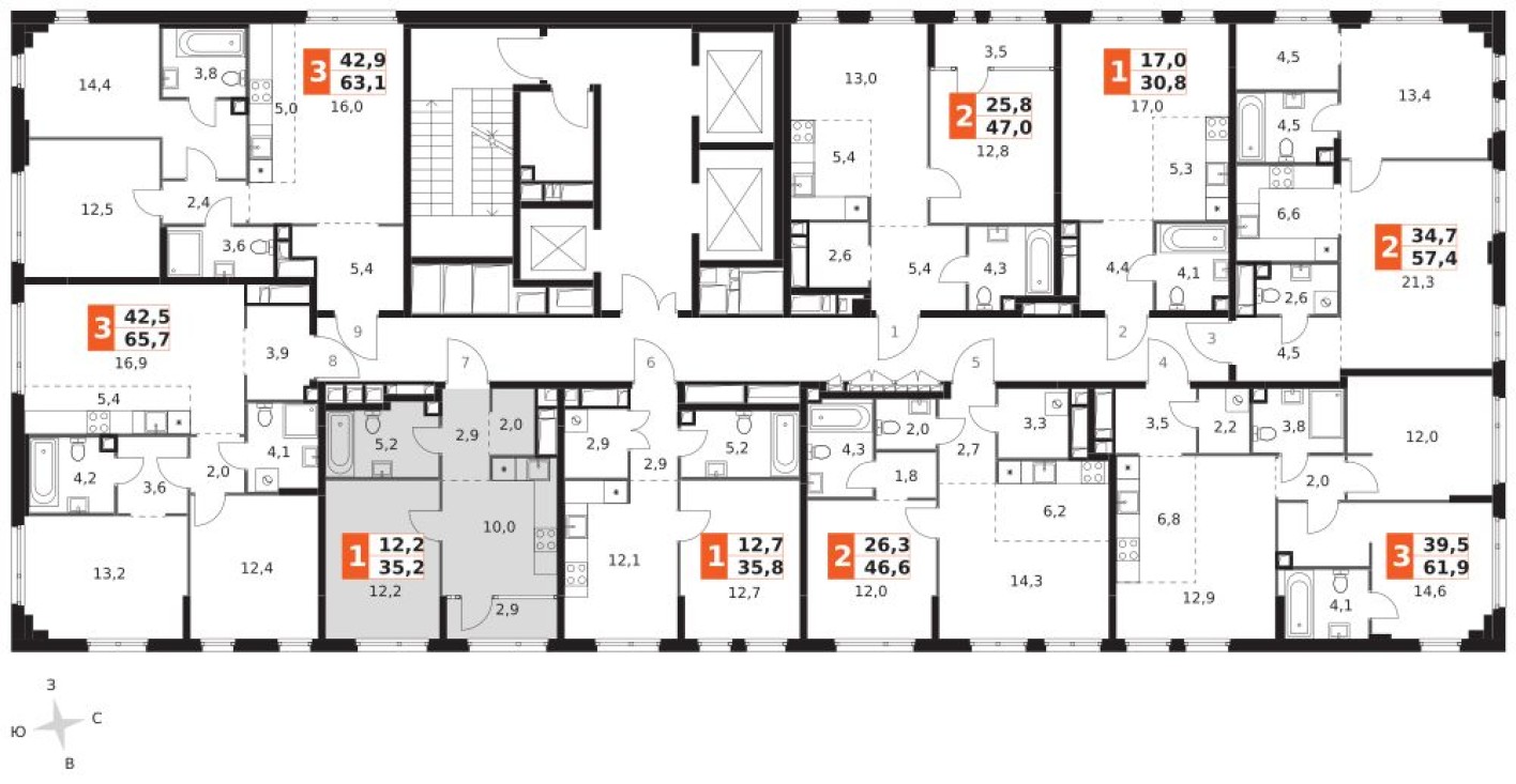План этажа — 1к. квартира, 35.2 м²
