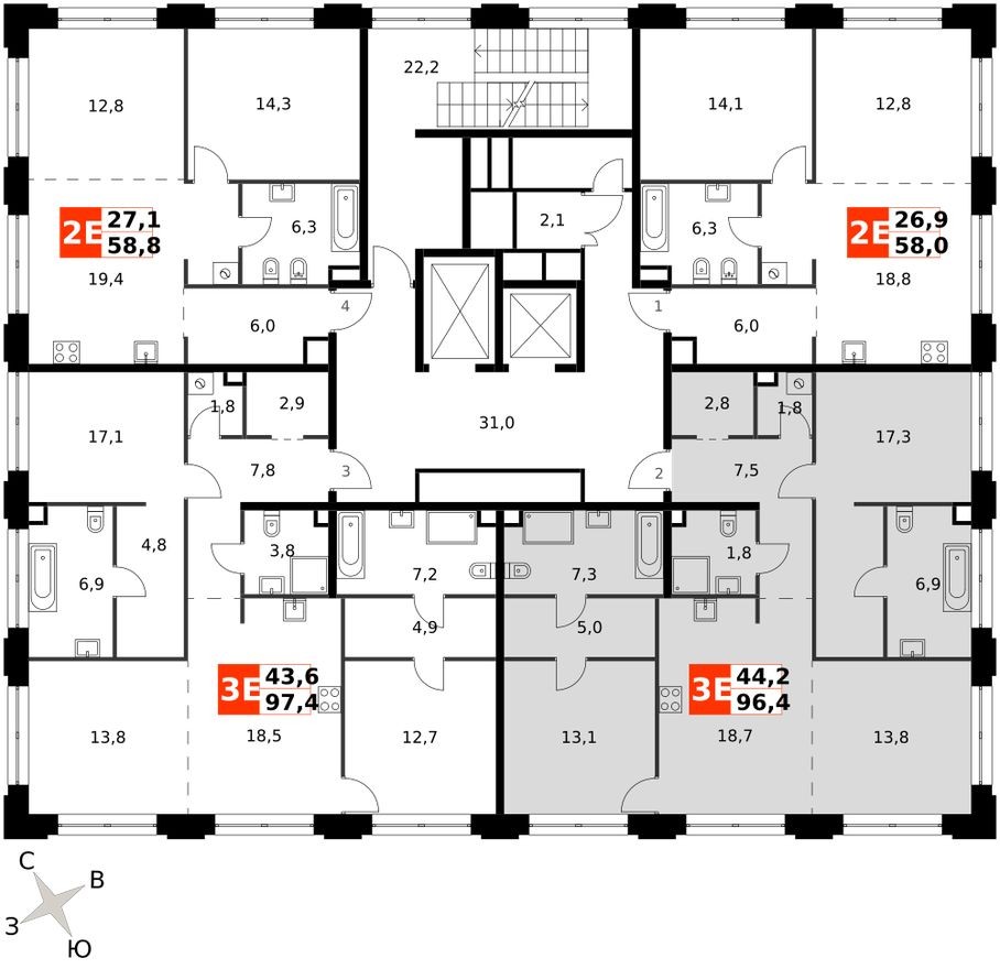 План этажа — 3е квартира, 96.4 м²