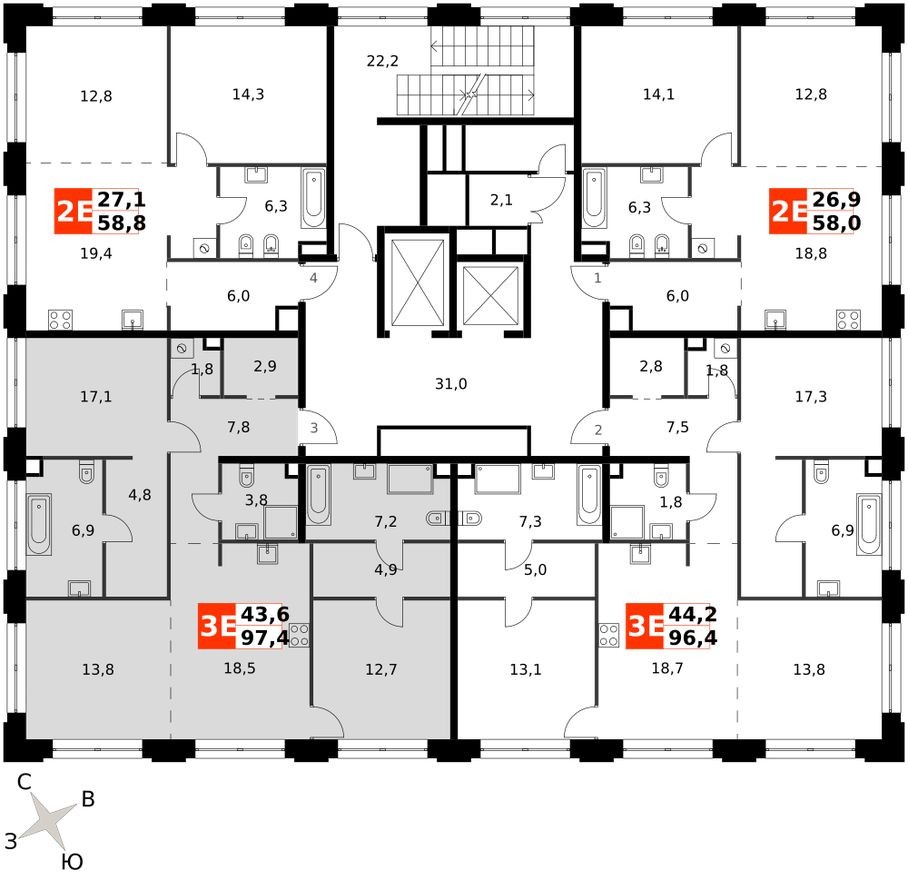 План этажа — 3е квартира, 97.4 м²