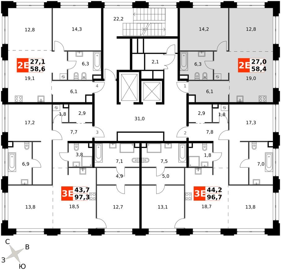 План этажа — 2е квартира, 58.4 м²