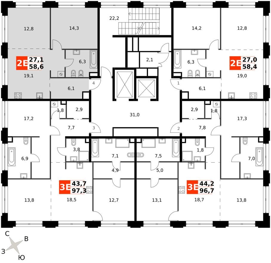 План этажа — 2е квартира, 58.6 м²