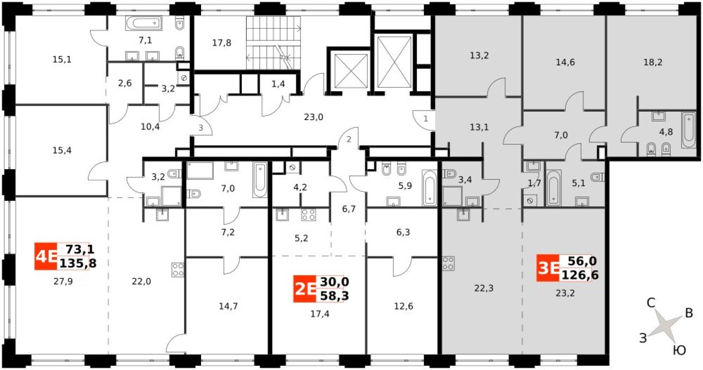 План этажа — 3е квартира, 126.6 м²