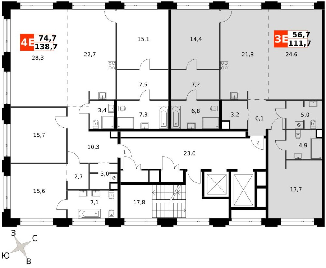 План этажа — 3е квартира, 111.7 м²