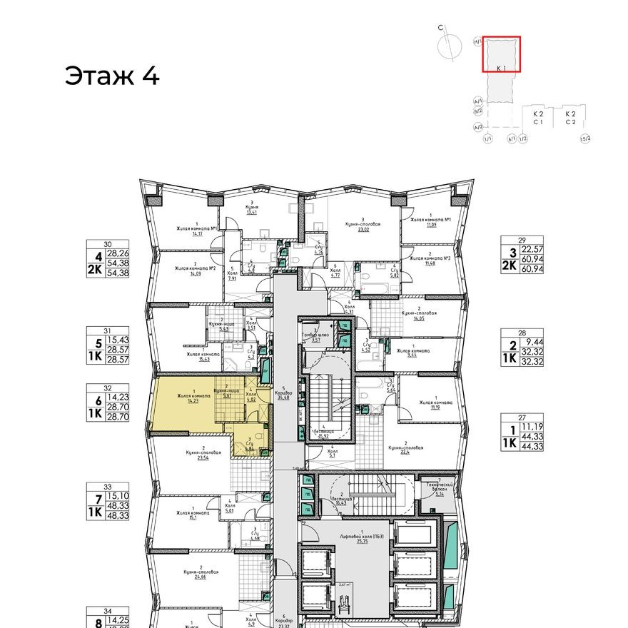План этажа — 1к. квартира, 28.7 м²