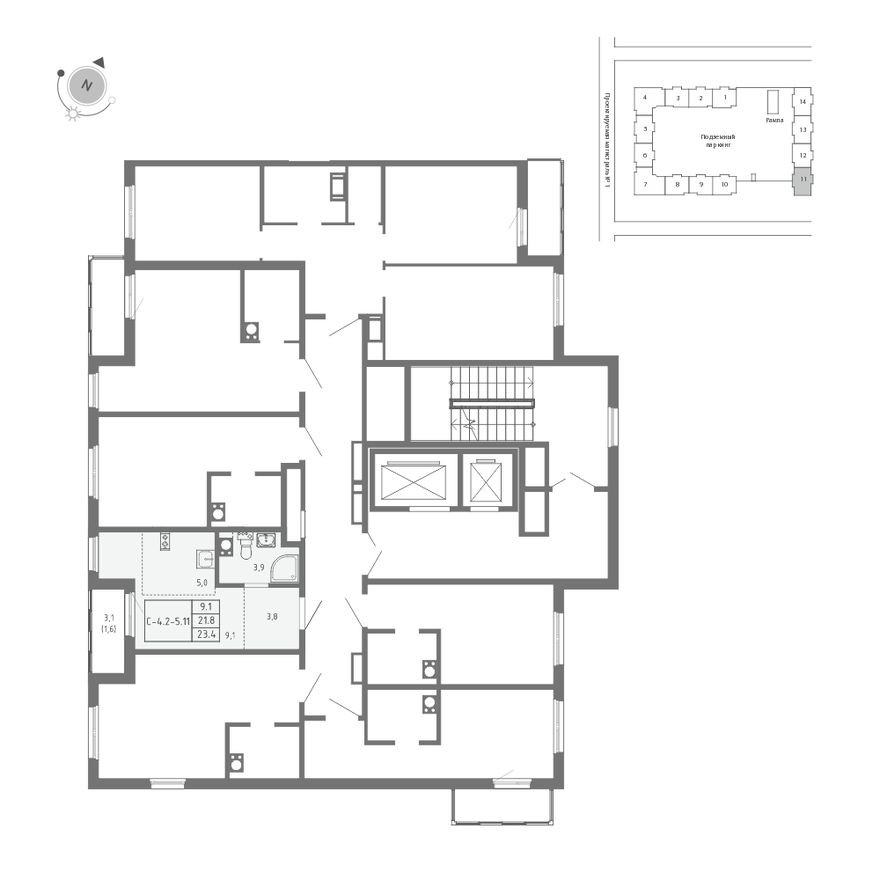 План этажа — Студия-квартира, 23.4 м²