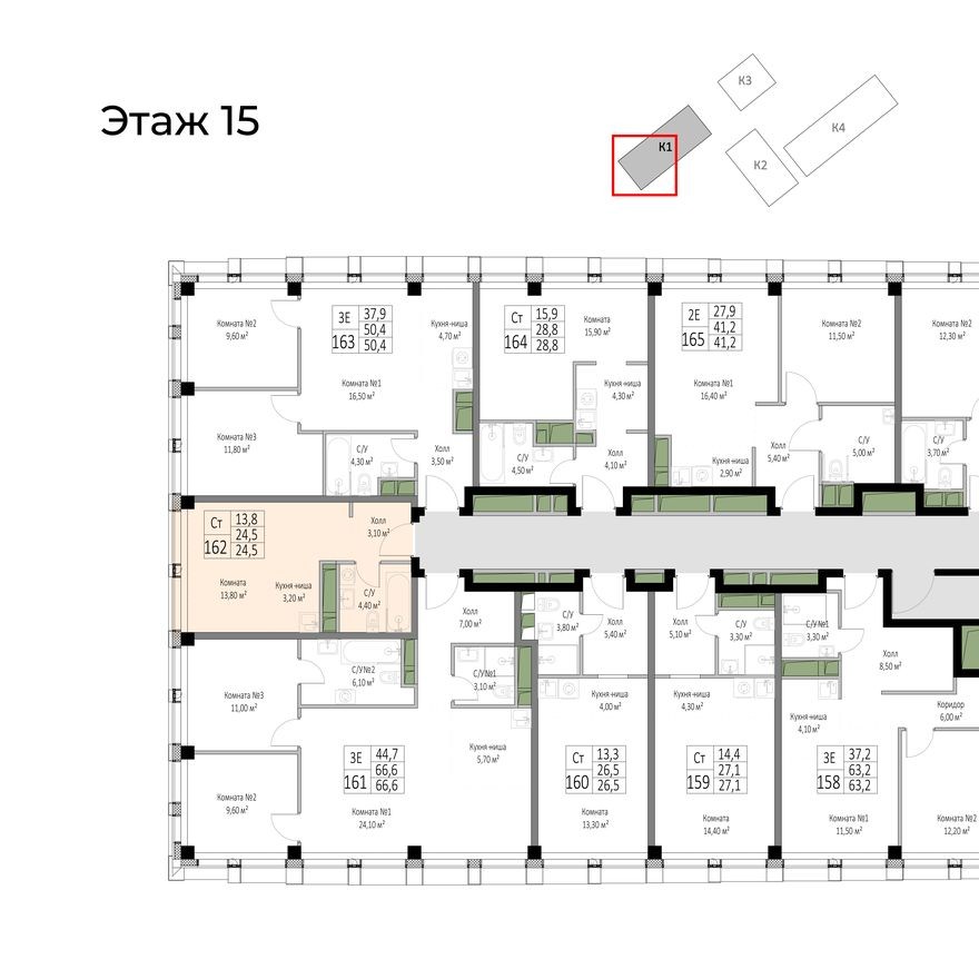План этажа — 1к. апартаменты, 24.5 м²