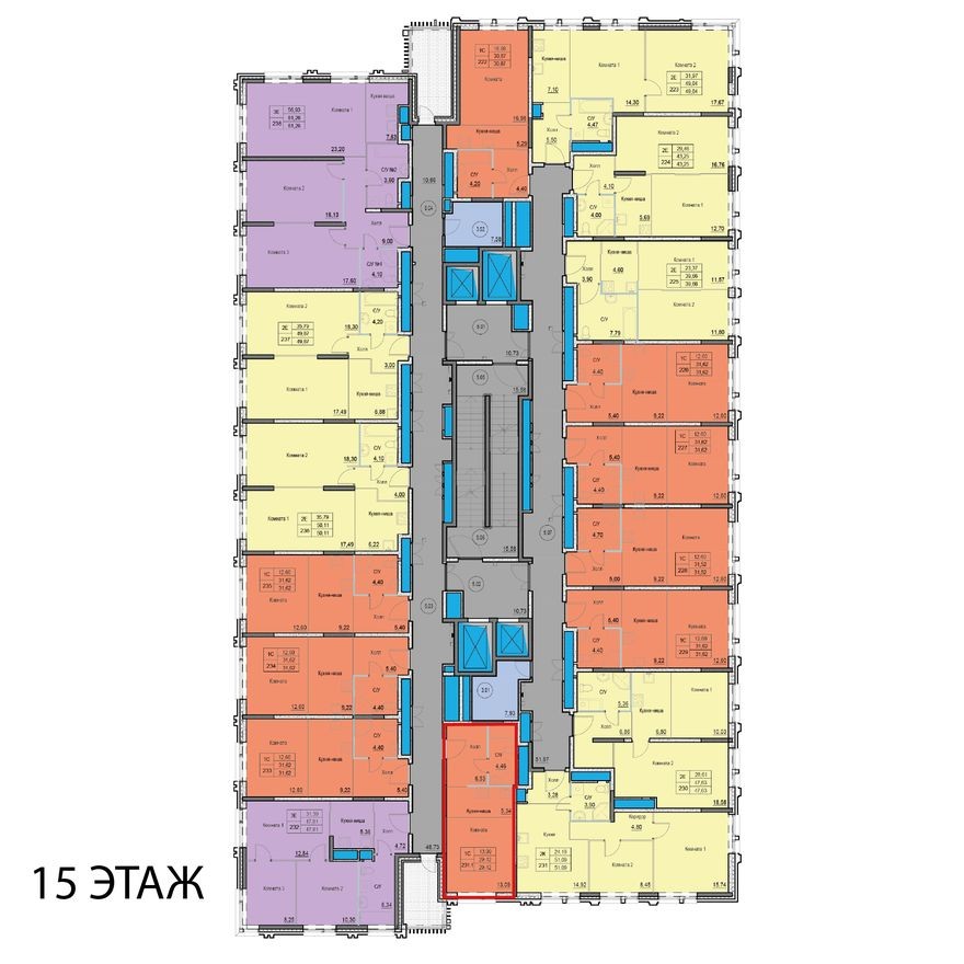 План этажа — 1к. апартаменты, 29.4 м²