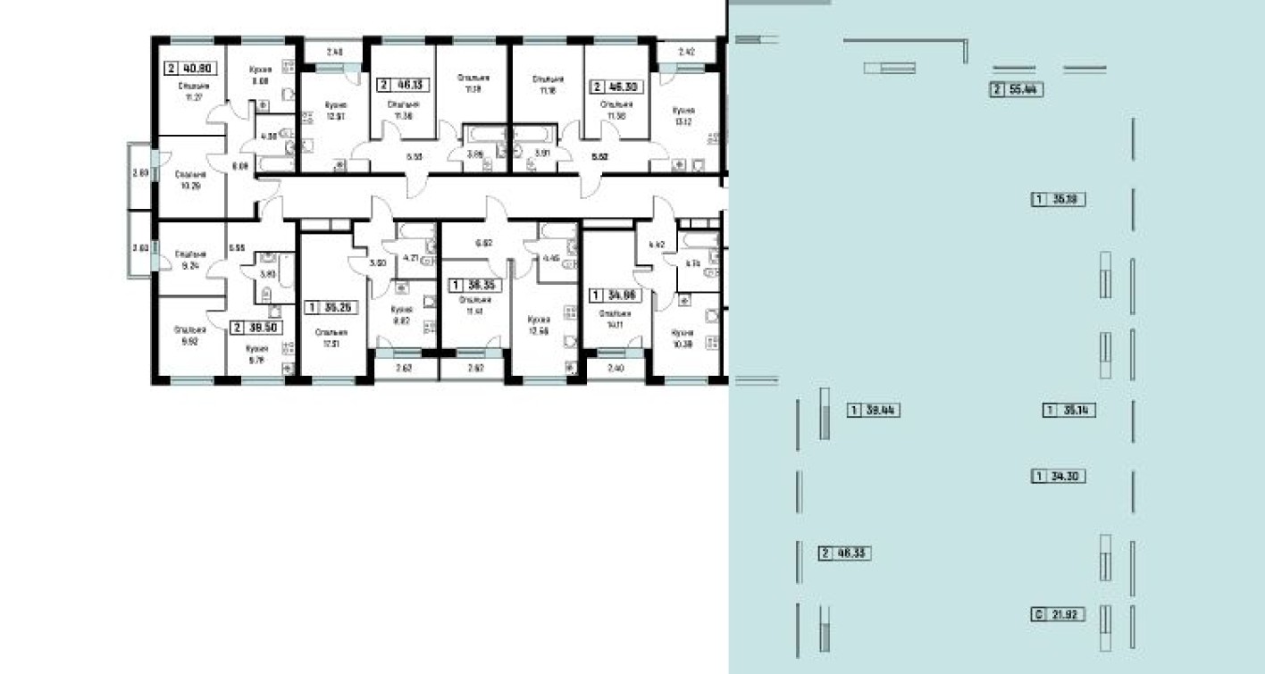 План этажа — 1к. квартира, 35.3 м²