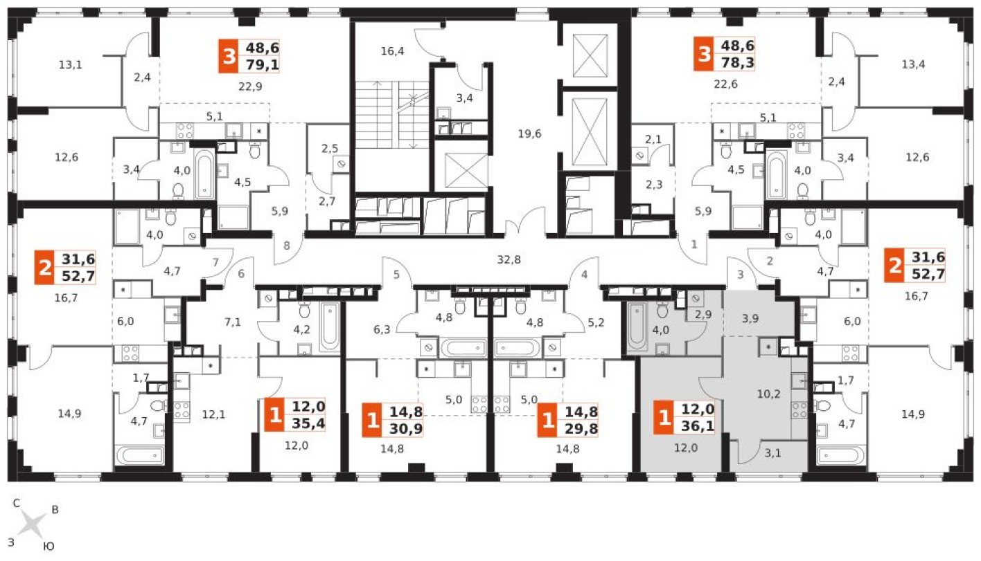 План этажа — 1к. квартира, 36.1 м²