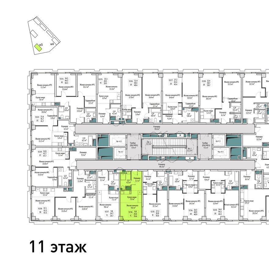 План этажа — 1к. квартира, 26.6 м²