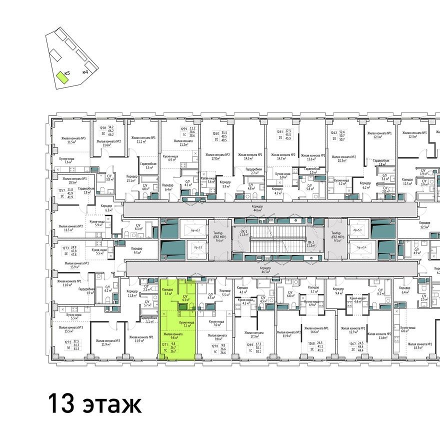 План этажа — 1к. квартира, 26.7 м²