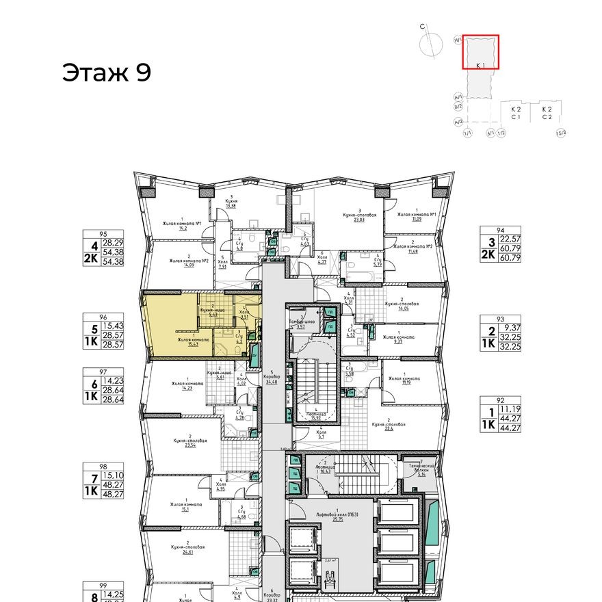 План этажа — 1к. квартира, 28.6 м²