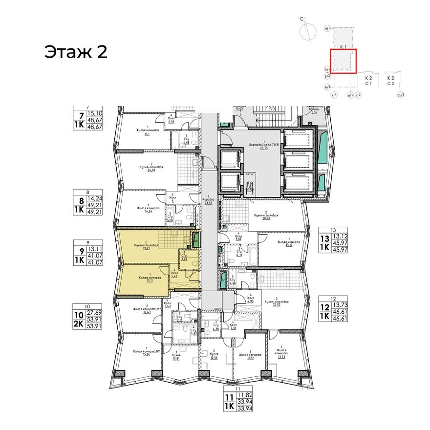 План этажа — 1к. квартира, 41.1 м²