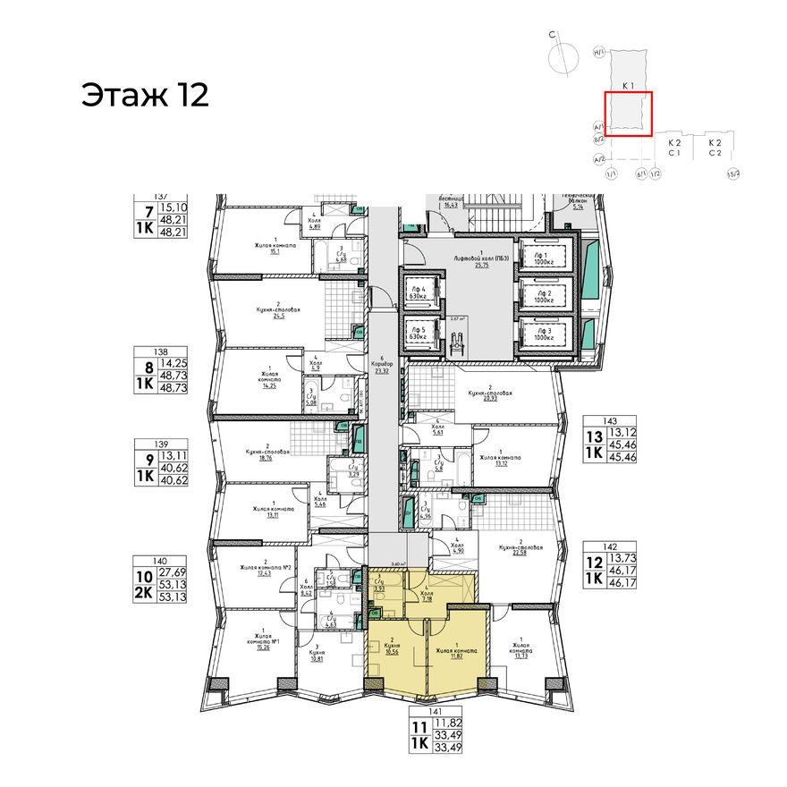 План этажа — 1к. квартира, 33.5 м²