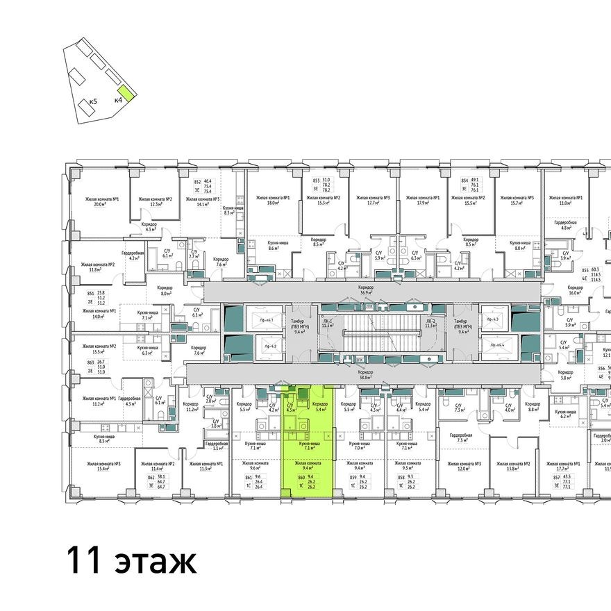 План этажа — 1к. квартира, 26.2 м²
